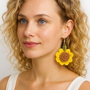 HAND CRAFTED CROCHET SUNFLOWER EARRINGS Yellow Floral hand knit ears accessories